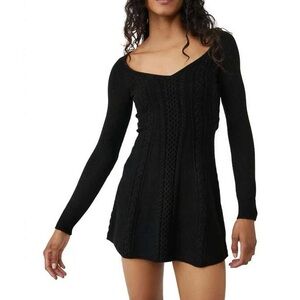 NWT! Free People Small World Cutout Long Sleeve Cable Stitch Sweater Dress Black
